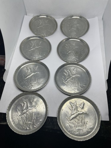 Image showcasing Vintage Aluminum Coasters Ducks Set of 8 - Mid Century Metal Retro ...