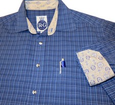 Robert Graham R G L/Slv Flip Cuff Shirt M 15.5 x 34 Blue Plaid w/ Front Pocket