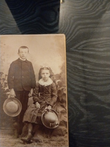 CDV Card photo Of Young Brother And Sister W/ Big Fancy Hats - Picture 3 of 10