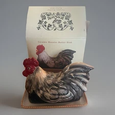Cracker Barrel Ceramic Rooster Chicken Butter Dish (2 pcs)-8" NEW NIB