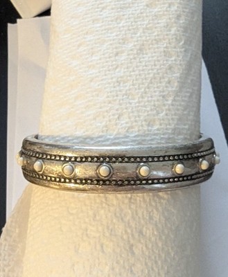 Chico's Hinged Cuff Style Bangle Bracelet Silvertone Metal White Bead Accent