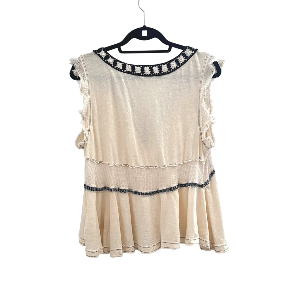 Regata Free People bordada boho sem mangas bege algodão linho G - Imagem 3 de 4