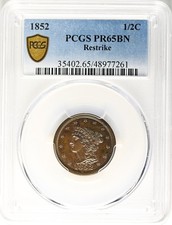 1852 BRAIDED HAIR 1/2C PCGS PR 65 BN