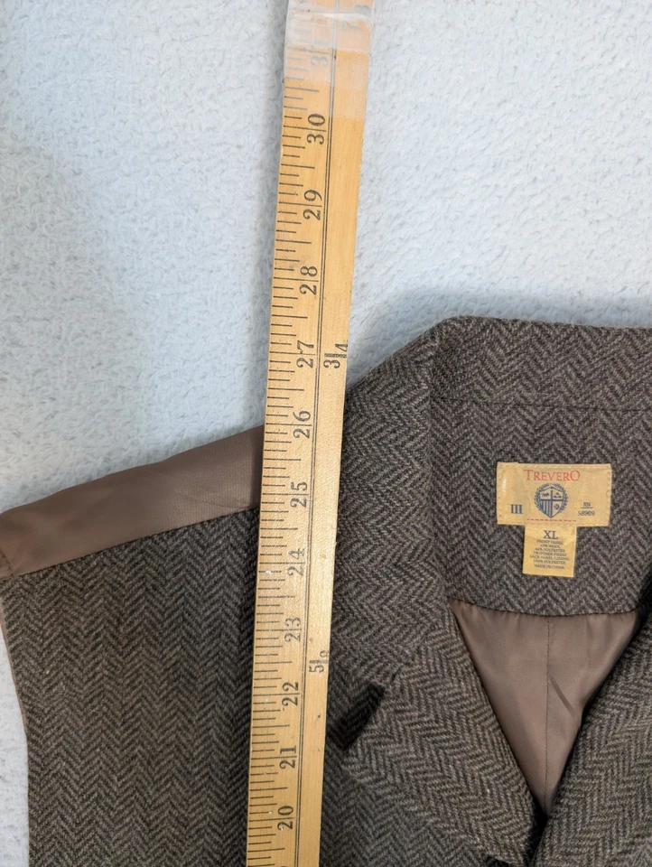Trevero Men’s Wool Blend Vest XL Brown Harringbone Lined Button Front - Image 3 of 4