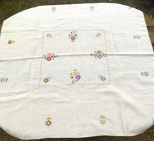 Vtg Linen Floral Embroidered Tablecloth 39" x 41" Off White