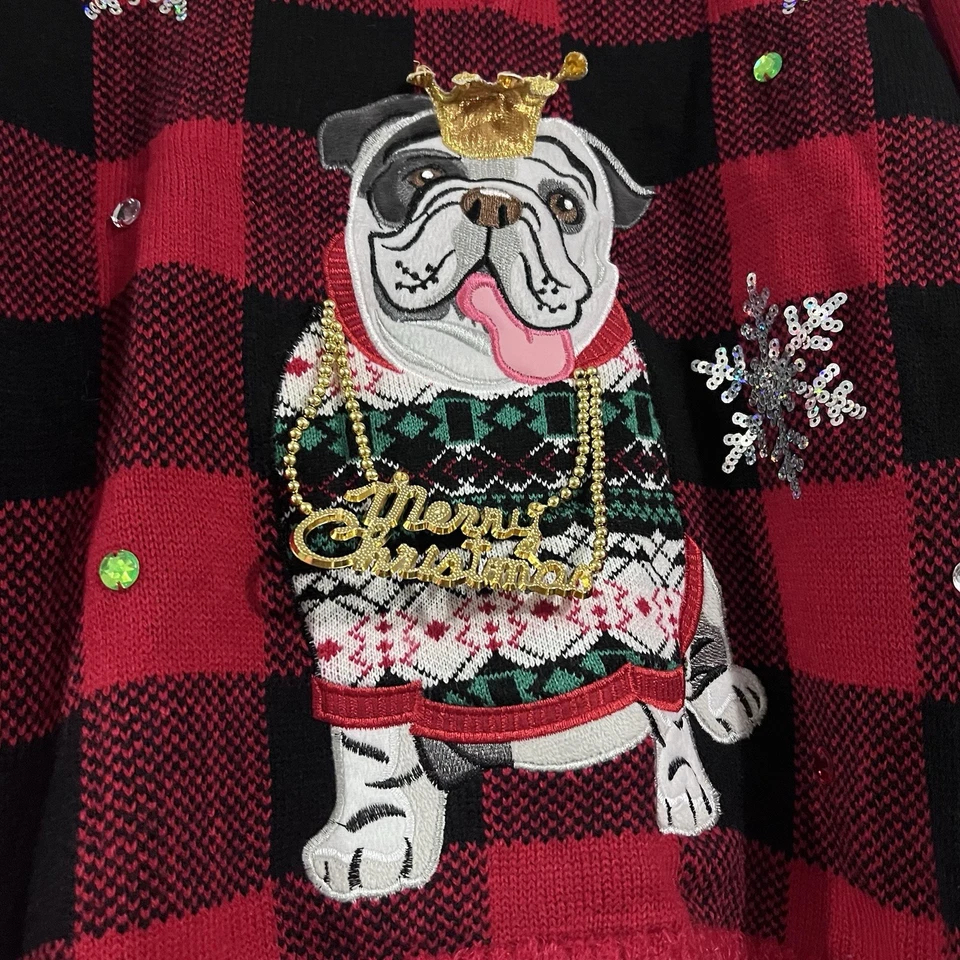 Bulldog Buffalo Plaid Ugly Christmas Sweater - Women's Size Medium - GUC - Image 3 of 4