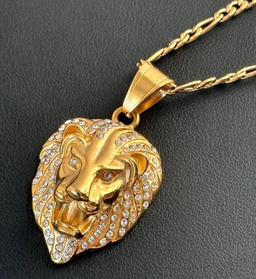 Bold Iced Lion Head Pendant Figaro Chain 24  Gold Tone Men's Statement Necklace