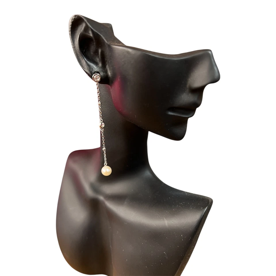 orecchini donna pendente argento 925 anallergico rodiato catena perla coltivata - Immagine 2 di 3