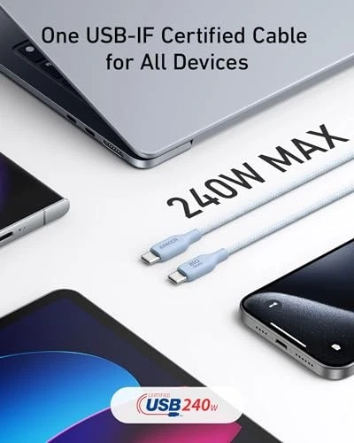  USB C Cable, 240W Bio-Braided Type C Fast Charge Cord for 10ft 1 Blue - Image 4 of 4