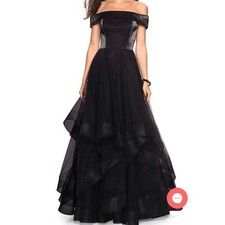La Femme Black Shimmer A-Line Off the Shoulder Tulle Ballgown
