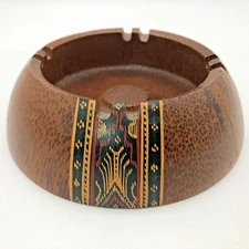 Vintage Carved Wood Ashtray with Black Gold Design 5-3/4"