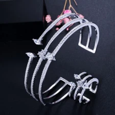 Adjustable 3 Row Micro Pave CZ Round Cuff Bracelet Bangle Open Ring Jewelry Set