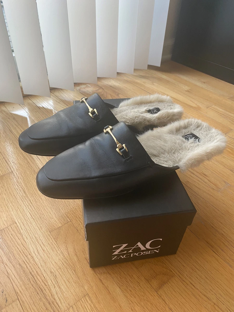 Zac Zac Posen Savanna Women s Fur Leather Black Mule Slides Shoes
