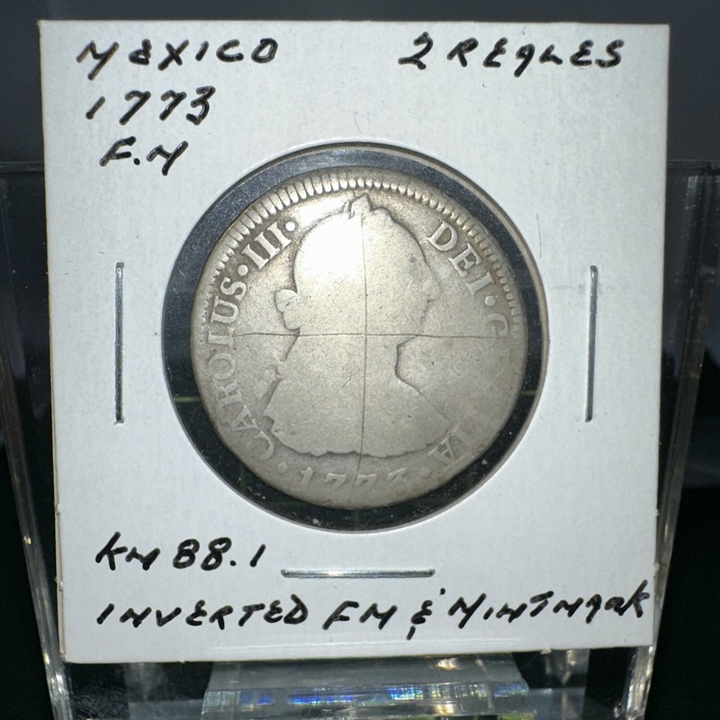 *MEXICO 1773 F.M.(CHARLES III) Inverted MINT MARK 2 REALE SILVER COLONIAL * Rare