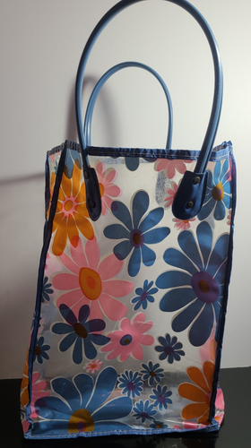 VINTAGE RETRO 1960'S-70'S VINYL CLEAR TOTE BAG Pink Blue & Orange Flowers 14x9x5 - Picture 2 of 13