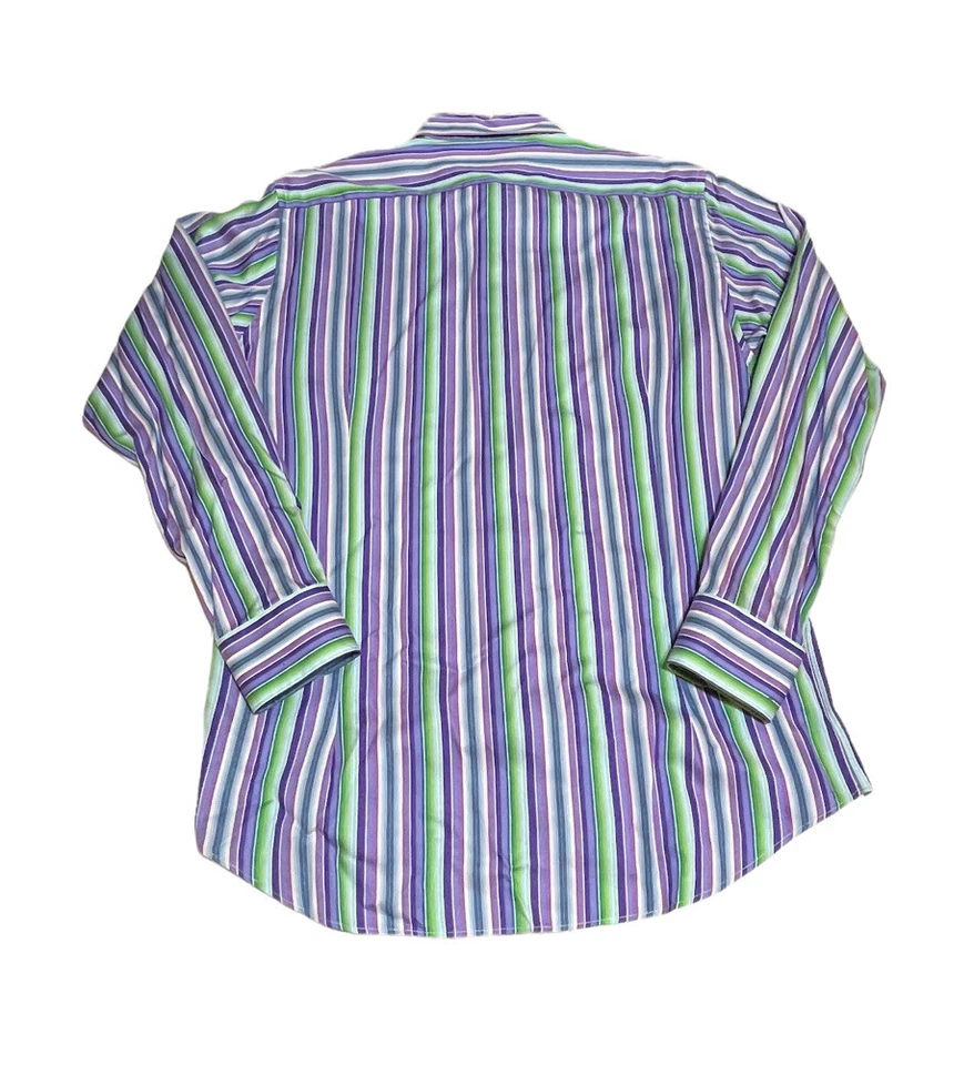 Etro Men's Luxury Cotton Dress Shirt Purple Green Blue Stripe • Italy • Size 42 - Image 2 of 4