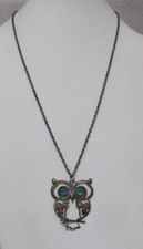 Bronze Tone Cutout Figural OWL Pendant Aqua Pink Rhinestones 27 Necklace