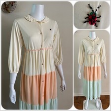 Tiered Nylon House Dress Embroidered Ladybug Hostess Robe Nightgown Mumu VTG 70s
