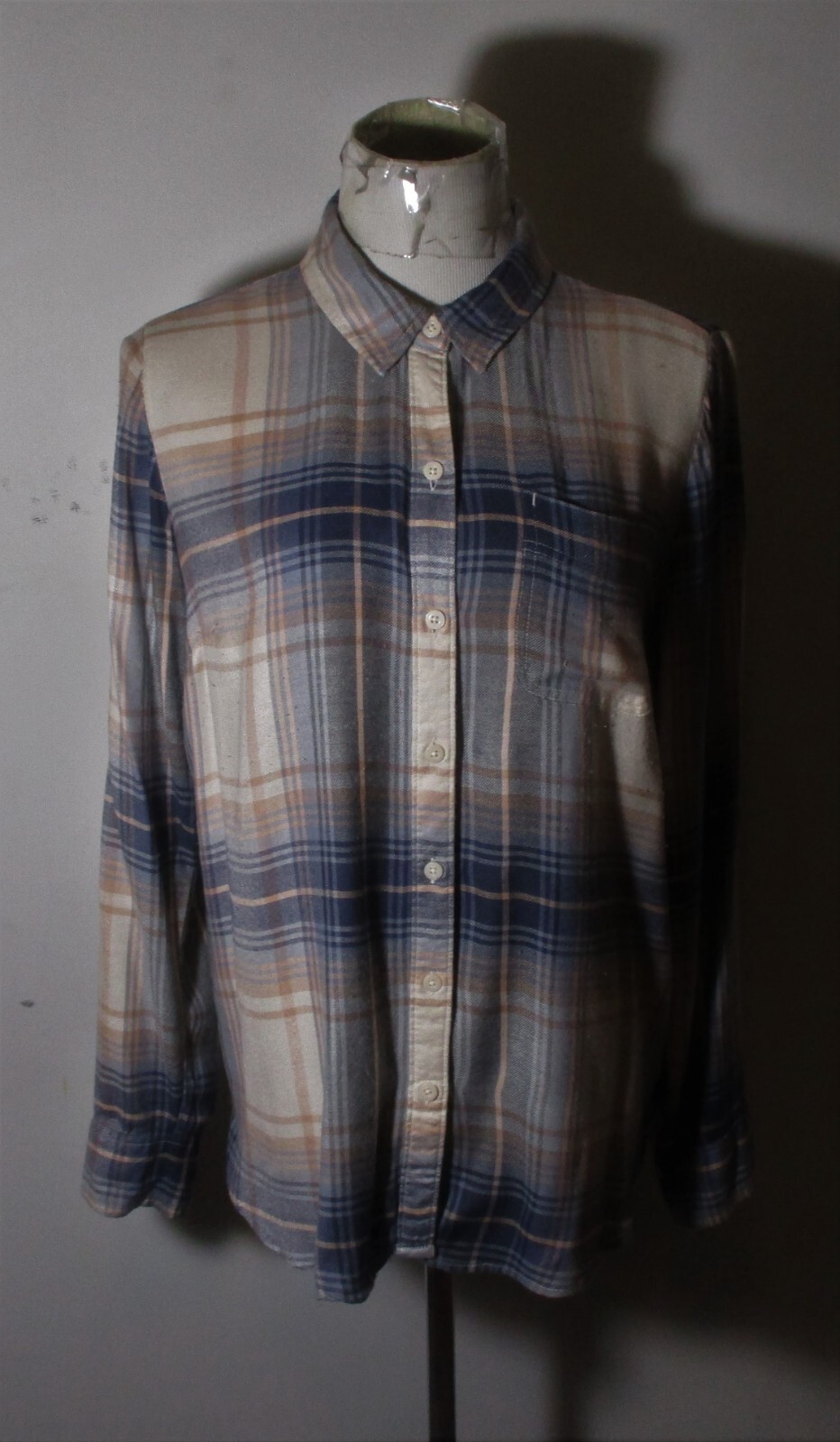 Women's LUCKY BRAND Blue Tan Semi Flannel Long Sleeve Tunic Shirt Size M