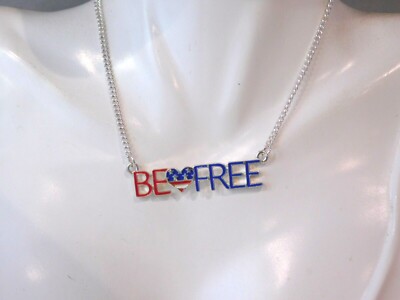 NEW  Patriotic USA ''BE FREE'' Silver Necklace Red White Blue 4th July