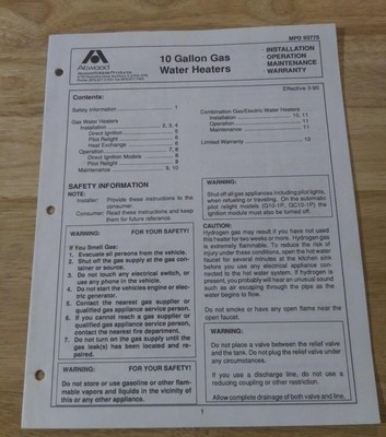 Hot Water Atwood 10 Gallon Water Heater Manual Atwood MPD 93755
