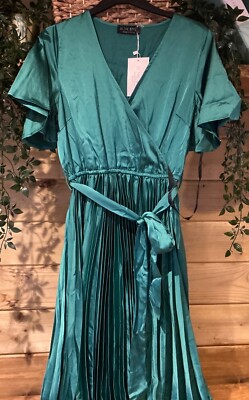 In The Style Emerald Green Jac Jossa Wrap Front Pleated Midi Dress Size 12