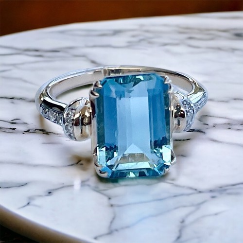 VINTAGE NATURAL SANTA MARIA AQUAMARINE DIAMOND RING 9CT YELLOW GOLD c1950s - Picture 3 of 14