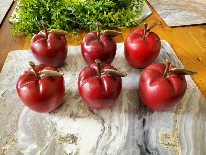6 Vintage Wooden Faux Apples Fruit Rustic Wood Red Farm House Fall Cottage Decor