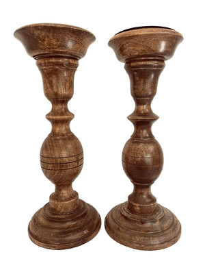 Pair Solid Wood Teak Candle Stick Holders 12  Hand Turned Boho Countrycore