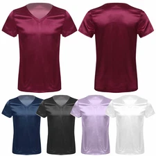 US Men's Satin Short Sleeve T-Shirt Solid Smooth Loose Pajamas TopS Sleepwear
