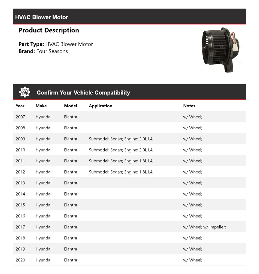 Motor de soprador HVAC Hyundai Elantra 2007-2020 4 estações 2008 2009 2010 2011 - Imagem 2 de 4