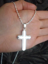 Large Cross Rope Chain Necklace SOLID Sterling Silver Cross Pendant Stamped 925