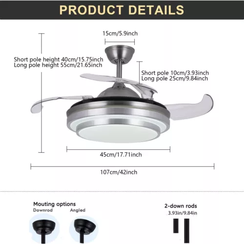 42" Retractable Ceiling Fan Lamp Dimmable LED Chandelier w/ Light Remote Control - Picture 6 of 6