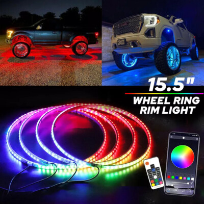 4x 15.5'' LED Wheel Ring Rim Lights RGB Color Chasing Turn Signal IP68 Bluetooth