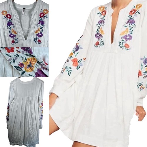 FREE PEOPLE Mia kleines besticktes Gaze Schichtkleid Blumenmuster Taschen gefüttert weiß - Bild 24 von 24