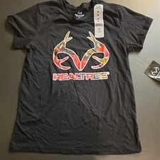 NWT Realtree Logo Womens Medium T-Shirt Black-Pink Camo Antler Crew Neck  
