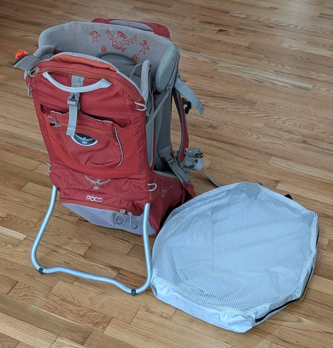 Osprey Poco Baby Backpack Carrier Toddler Hiking Pack + Sun Shade Red Grey