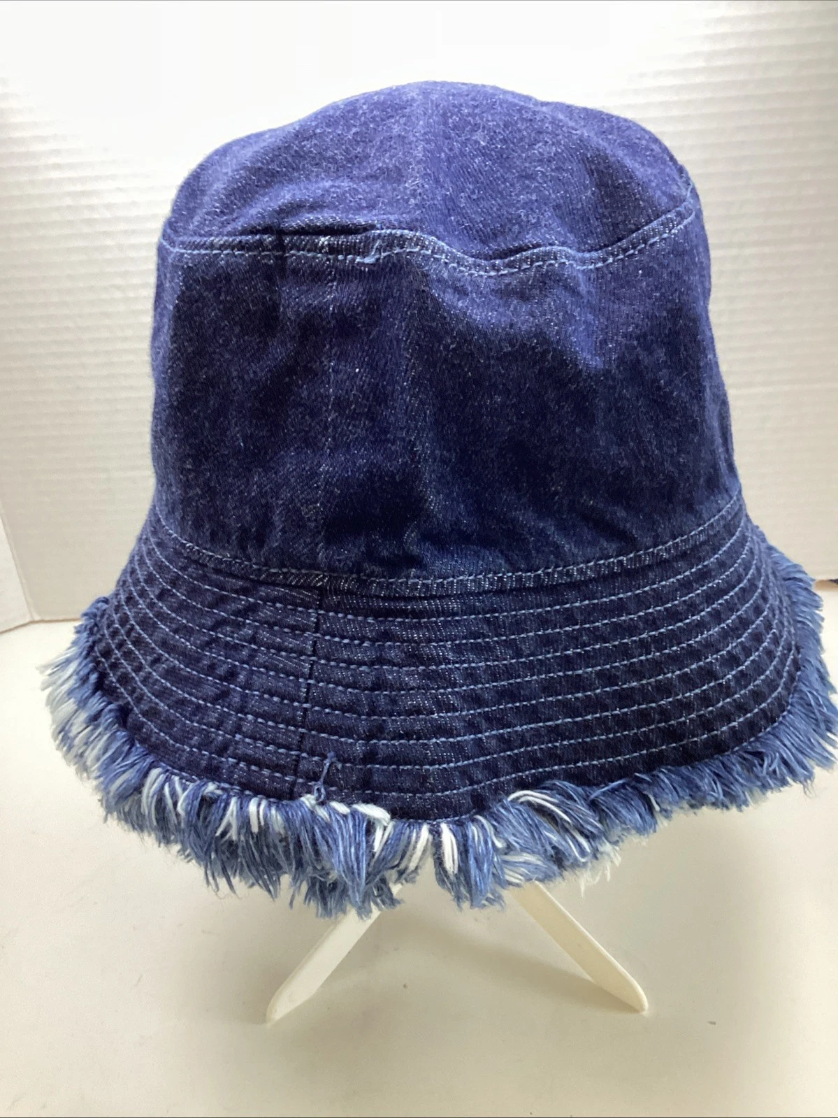 Hidden Dark Denim Bucket Hat with Frayed Edge Unisex one size