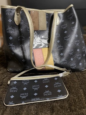 MCM Black Multicolor Monogram Tote Logo Accent Zip Closure Detachable Strap Pou 