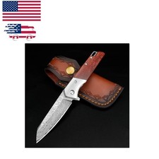 3.14 Inch Damascus Pocket Knife with Rosewood Handle & Leather Sheath for Out...