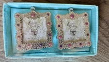 Set Of 2 Elsa Silver Metal Embellished Square Picture Frames Miniature 2x2” NISB