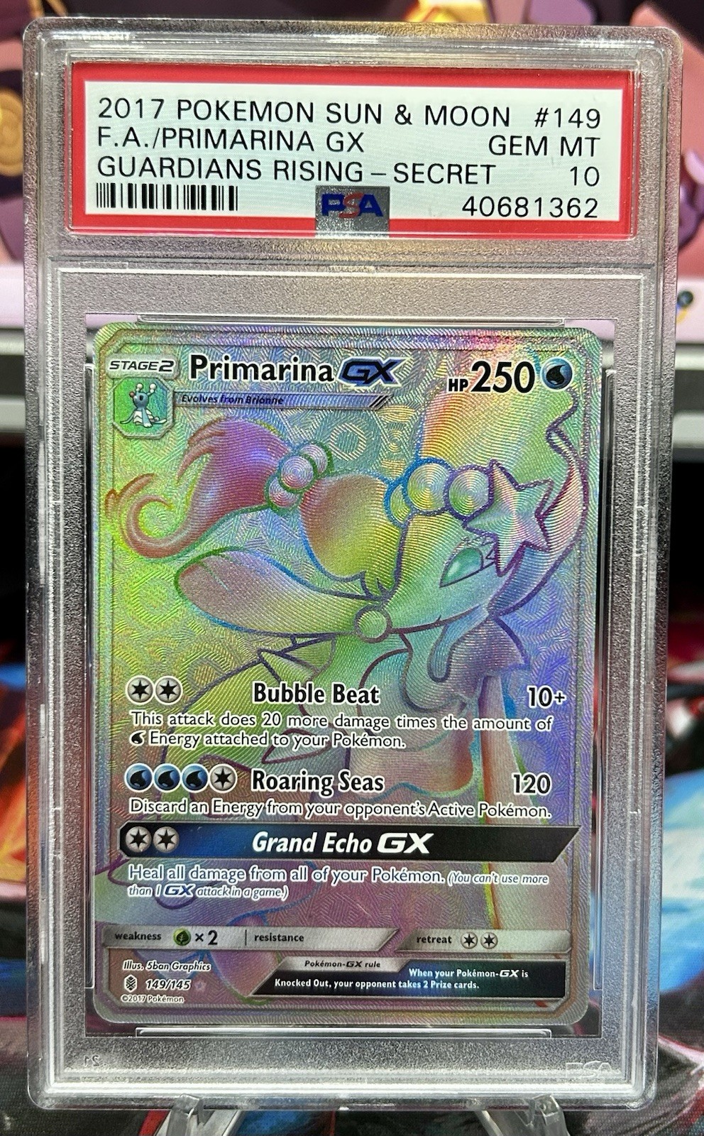 Pokemon Primarina GX Guardians Rising Secret Rare Full Art #149 PSA 10 Gem Mint