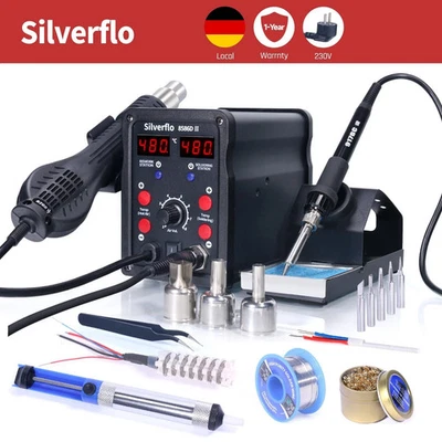 SILVERFLO 2in1 Lötstation Heißluft Lötkolben Digital LCD 780W für PCB Reparatur
