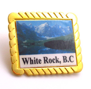 White Rock BC Canada Lapel Pin Gold Tone Souvenir Voyageur Snowy Mountains