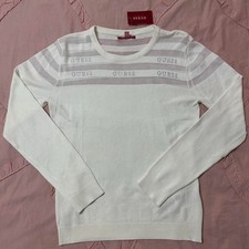 NWT Guess Crew Neck Lightweight Cream Color Sweater Top with Rhinestone Logos.