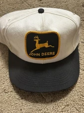 Vintage John Deere Patch Hat K Products Snapback Cap Beige Black Yellow 80s