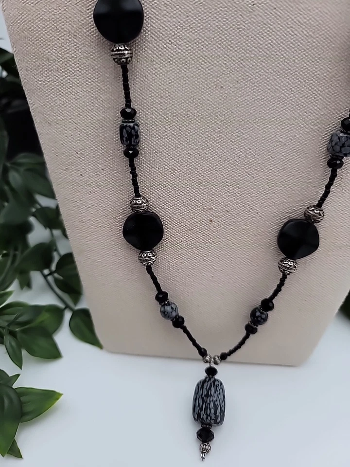 Collar de Obsidiana Copo de Nieve 26" y Pendientes 1.5" Conjunto de Joyería con Cuentas Foto 3 de 4