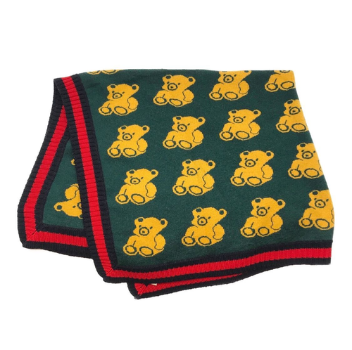 GUCCI Teddy Bear Pattern Wool Blanket Green Authentic from japan VG condition - Picture 2 of 3