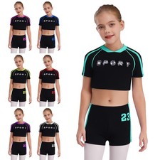 Girls Sports Outfits V-Neck Short Sleeve Crop Top with Shorts Dance Yoga Workout