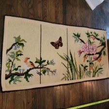 Vintage Latch Hook Rug Floral Bird Butterfly Handmade Boho Runner 30x60